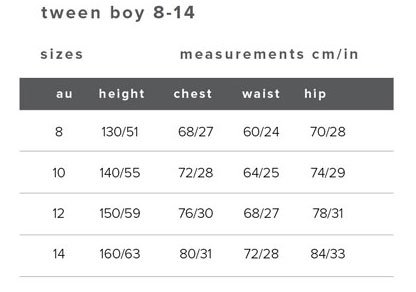 Bardot Junior Teen Boy Size Guide Measurements